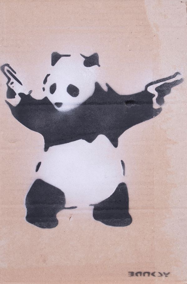 Banksy : Panda with Guns  (2015)  - Stencil e spray su cartone - Asta Dipinti, Disegni, Sculture e Grafica - Casa d'aste Farsettiarte