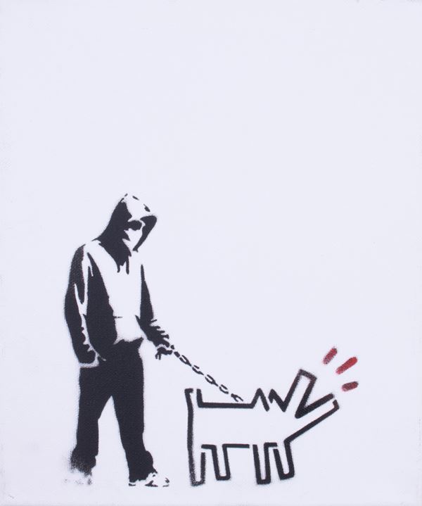 Banksy : Rap with Dog  (2015)  - Spray su tela - Asta Dipinti, Disegni, Sculture e Grafica - Casa d'aste Farsettiarte
