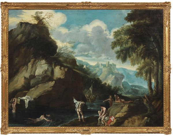 Marco Ricci (attr. a) : Paesaggio con bagnanti  - Olio su tela - Auction Important Old Masters Paintings and Furnitures - Casa d'aste Farsettiarte