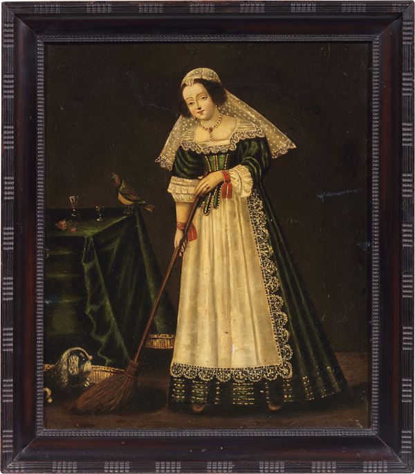 Scuola ispano-americana fine XVIII secolo - Ritratto di fanciulla con la veste a dentelle