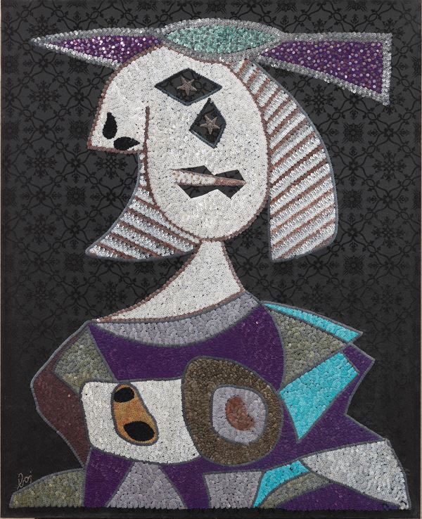 Enrico Baj : Femme  (1972)  - Ricamo di paillettes su stoffa tesa su tavola, multiplo, es. III/X - Asta Dipinti, Disegni, Sculture e Grafica - Casa d'aste Farsettiarte