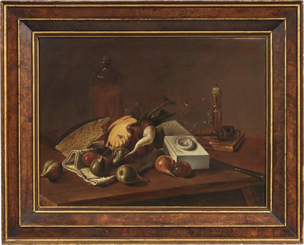 Antonio Cioci (attr. a) : Natura morta con frutta e candeliere  - Olio su tela - Asta Importanti Dipinti e Arredi Antichi - Casa d'aste Farsettiarte
