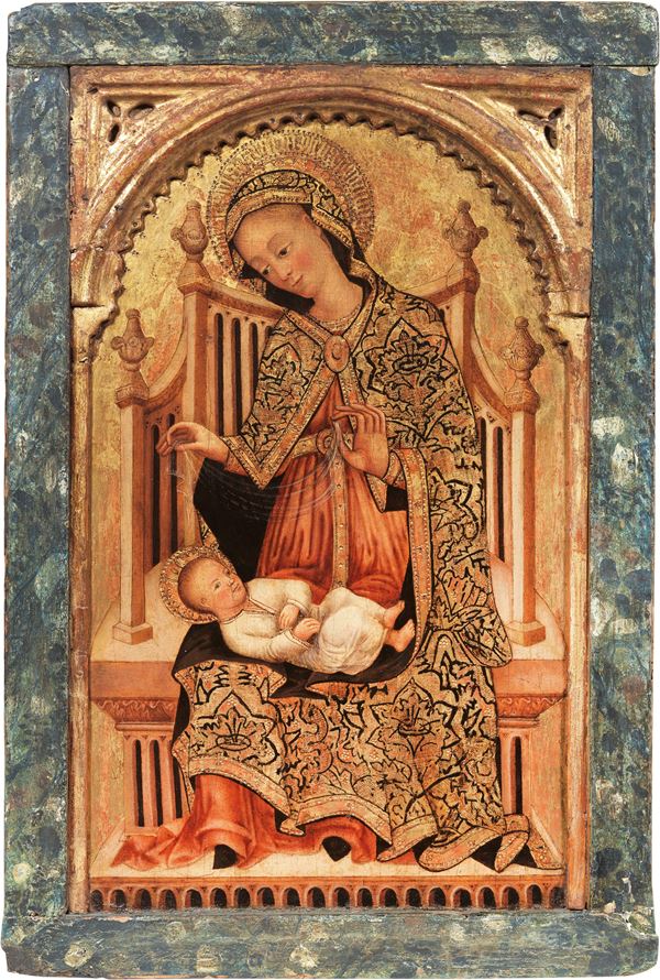 Maestro dell'Annunciazione Ludlow : Madonna con Bambino in trono  - Tempera su tavola a fondo oro - Asta Importanti Dipinti e Arredi Antichi - Casa d'aste Farsettiarte