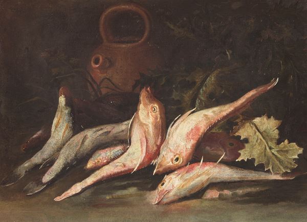 Giuseppe Recco (attr. a) : Natura morta con pesci  - Olio su tela - Asta Importanti Dipinti e Arredi Antichi - Casa d'aste Farsettiarte
