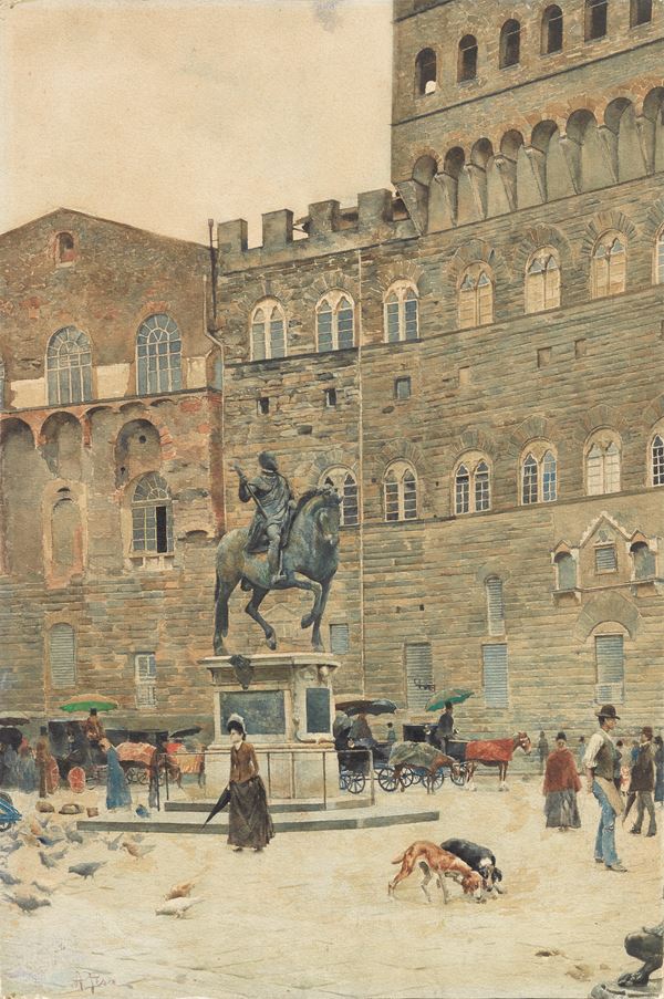 Alberto Pisa : Firenze, Piazza della Signoria  - Acquerello su carta applicata su cartone - Auction XIX and XX Century Paintings and Sculptures - Casa d'aste Farsettiarte