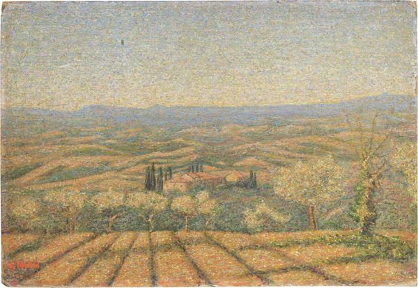 Vittorio Meoni : Campagna di San Gimignano  - Olio su cartone - Asta Dipinti e Sculture del XIX e XX secolo - Casa d'aste Farsettiarte