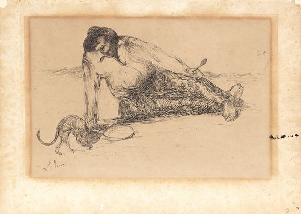 Lorenzo Viani : Figura col gatto  (1905-07)  - China su carta - Asta Dipinti, Disegni, Sculture e Grafica - Casa d'aste Farsettiarte