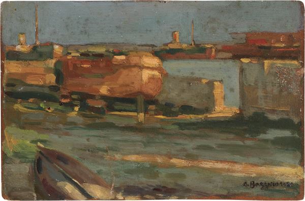 Leonardo Bazzaro : Barche in secca  (1926)  - Olio su cartoncino - Asta Dipinti e Sculture del XIX e XX secolo - Casa d'aste Farsettiarte