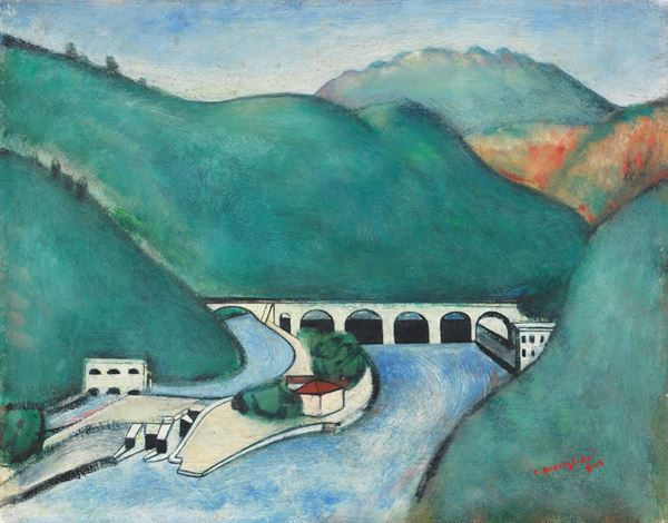 Cesare Breveglieri : Paesaggio  (1945)  - Olio su tela - Asta Dipinti, Disegni, Sculture e Grafica - Casa d'aste Farsettiarte