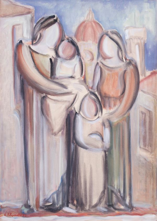 George Polykratis : Donne con bambini  (1973)  - Olio su tela - Auction PARADE III - MODERN AND CONTEMPORARY ART - Casa d'aste Farsettiarte