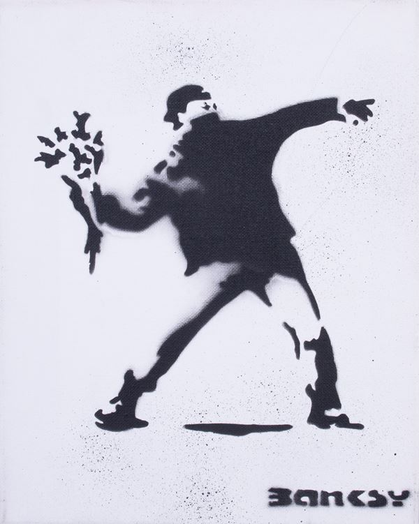 Banksy : Love Is in the Air  (2015)  - Spray su tela - Asta Dipinti, Disegni, Sculture e Grafica - Casa d'aste Farsettiarte