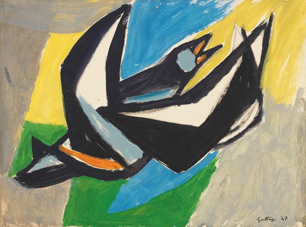 Renato Guttuso : Merlo  (1947)  - Olio su cartoncino applicato su tela - Asta Arte Moderna - Casa d'aste Farsettiarte