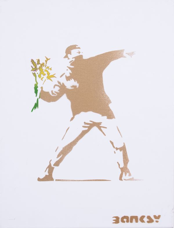 Banksy : Love is in the Air (Flowers Bomber)  (2015)  - Spray su tela - Asta Dipinti, Disegni, Sculture e Grafica - Casa d'aste Farsettiarte