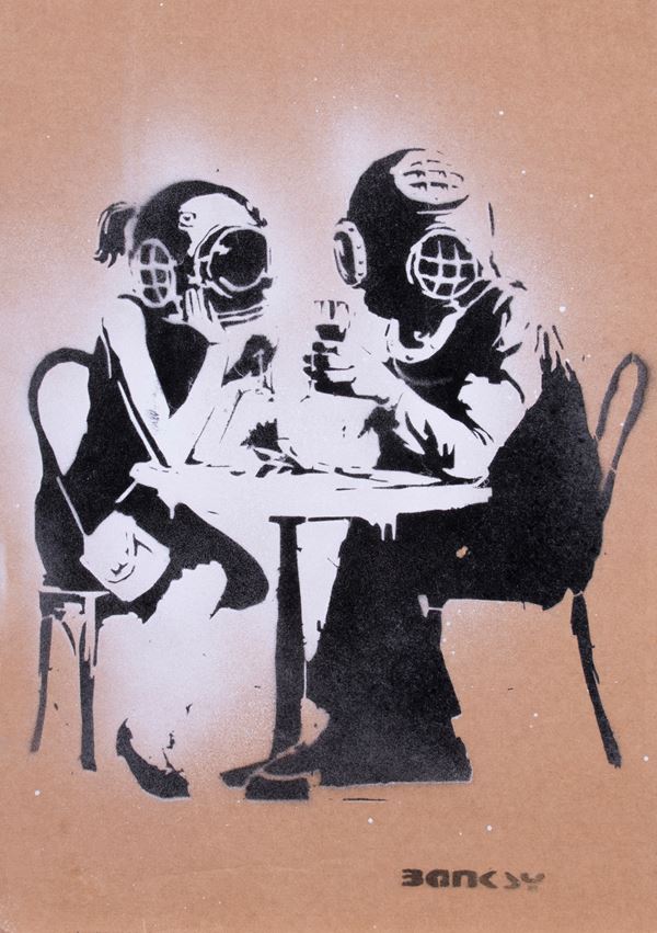 Banksy : Think Tank Lovers  (2015)  - Stencil e spray su cartone - Auction Paintings, Drawings, Sculptures and Multiples - Casa d'aste Farsettiarte