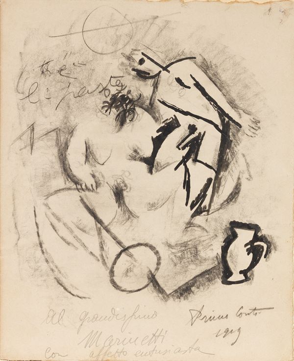 Primo Conti : Erotismo  (1919)  - Carboncino e china su cartoncino - Asta Dipinti, Disegni, Sculture e Grafica - Casa d'aste Farsettiarte