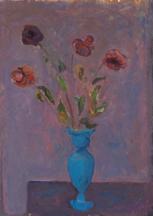Mario Mafai : Natura morta (Vasetto blu con fiori)  (1960 ca.)  - Olio su tavola - Asta Dipinti, Disegni, Sculture e Grafica - Casa d'aste Farsettiarte