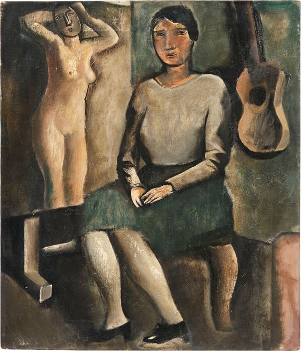 Figura femminile seduta, chitarra e dipinto (nudo) su cavalletto