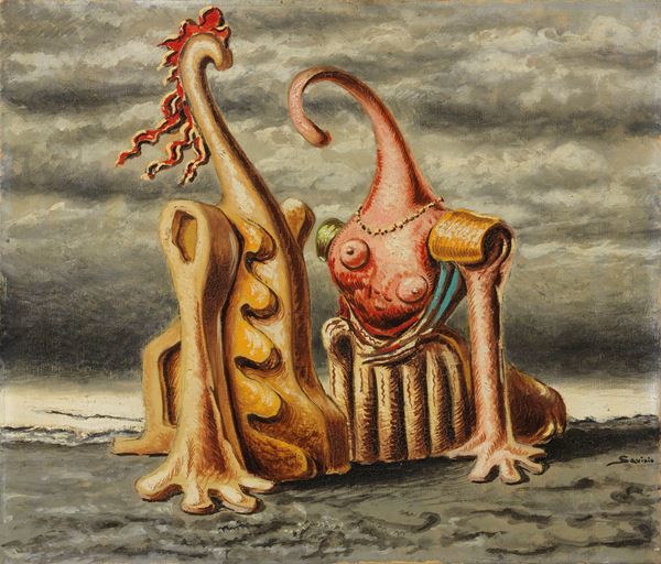 Alberto Savinio : Idillio marino  (1944)  - Tempera su tela - Asta Arte Moderna - Casa d'aste Farsettiarte