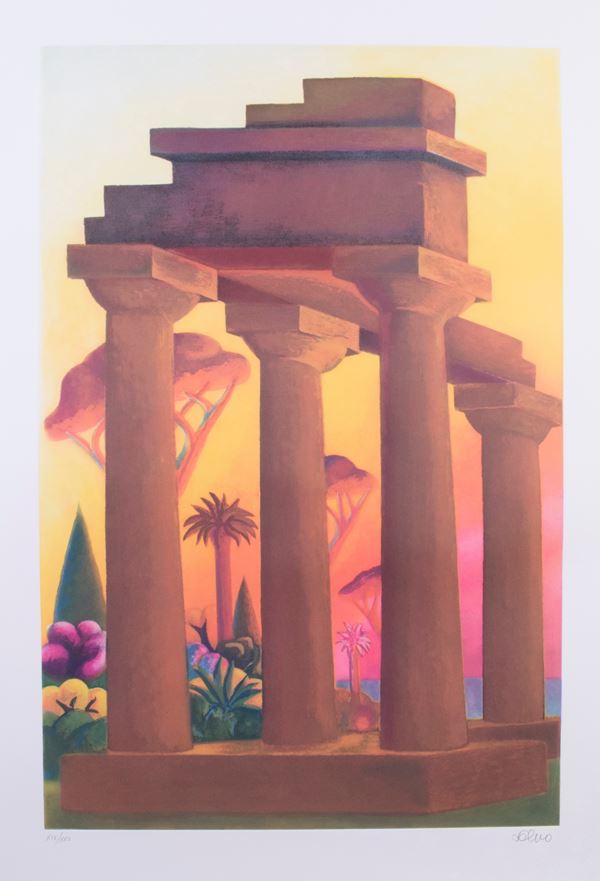 Salvo : Paesaggio con colonne  - Acquatinta a colori, es. XIV/XXX - Asta Dipinti, Disegni, Sculture e Grafica - Casa d'aste Farsettiarte