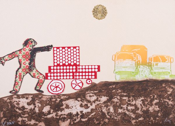 Enrico Baj : Senza titolo  (1982)  - Collage e acquaforte su compensato, es. I/XXV - Auction Paintings, Drawings, Sculptures and Multiples - Casa d'aste Farsettiarte