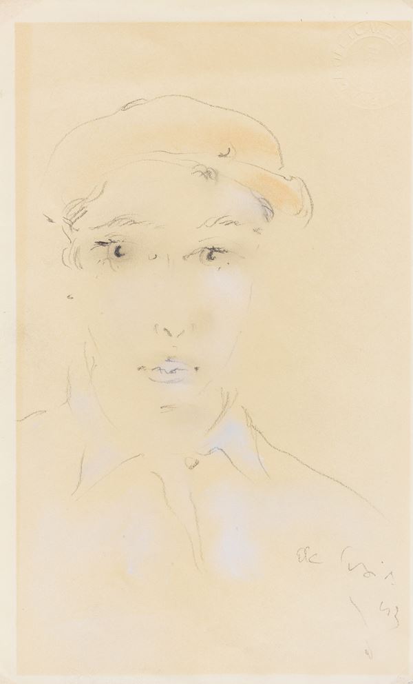 Filippo de Pisis : Ritratto di giovinetto  (1943)  - Matita e pastello su carta - Asta Dipinti, Disegni, Sculture e Grafica - Casa d'aste Farsettiarte