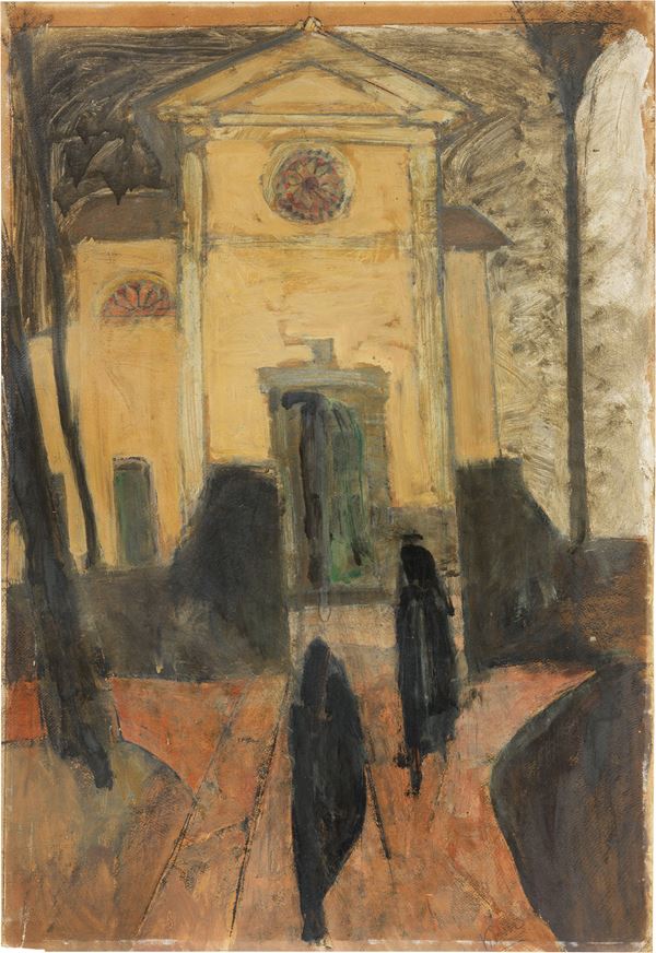 Lorenzo Viani : L'ultimo conforto (La chiesa di San Genesio e San Rocco a Giustagnana)  (1920)  - Olio su cartone - Auction Modern Art - Casa d'aste Farsettiarte