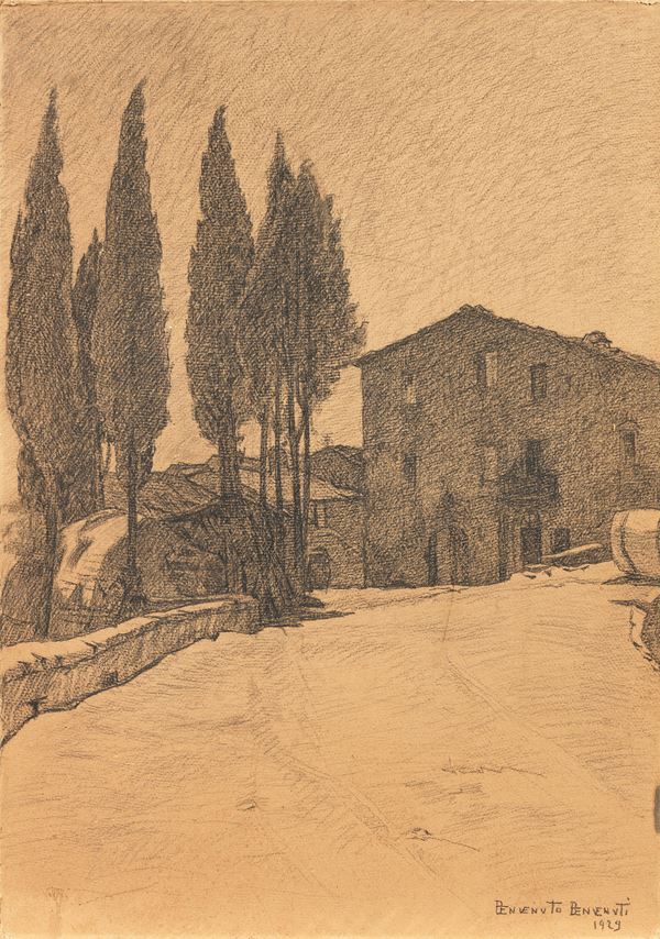 Benvenuto Benvenuti : Case e cipressi  (1929)  - Carboncino su cartone - Auction XIX and XX Century Paintings and Sculptures - Casa d'aste Farsettiarte