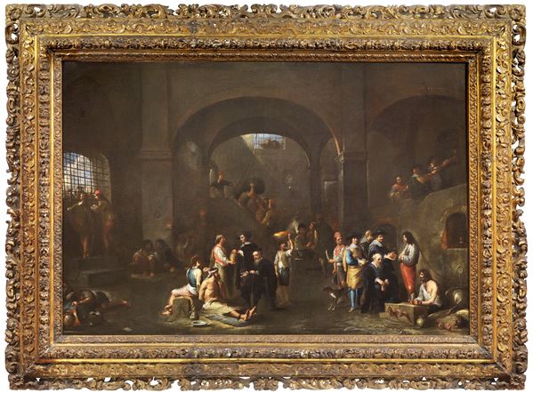 Cornelis de Wael (attr. a) : Scena di vita carceraria  - Olio su tela - Asta Importanti Arredi, Sculture e Dipinti Antichi - Casa d'aste Farsettiarte