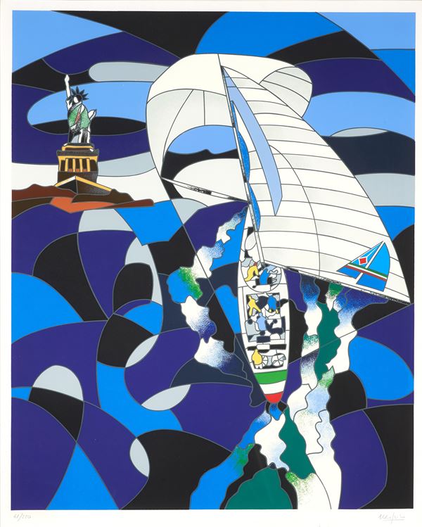 Ugo Nespolo : Azzurra all'America's Cup  - Serigrafia, es. 61/250 - Auction Paintings,  [..]