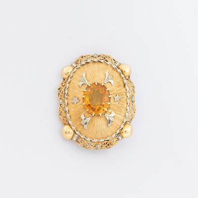 Spilla Ovale in Oro Giallo e Bianco con Quarzo Citrino