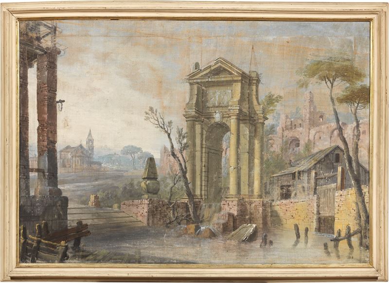Scuola Veneta del XVIII Secolo - Paesaggio con Arco e Chiesa sullo Sfondo