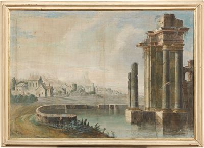 Paesaggio con Rovine Architettoniche e Villaggio sullo Sfondo