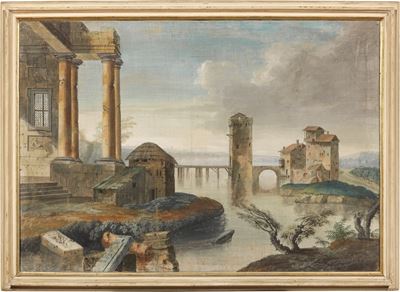 Paesaggio Lacustre con Rovine Architettoniche