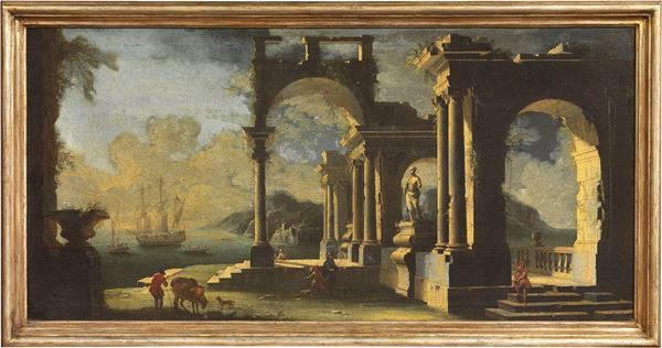 Viviano Codazzi (ambito di) - Paesaggio con rovine architettoniche, figure e un vascello nello sfondo