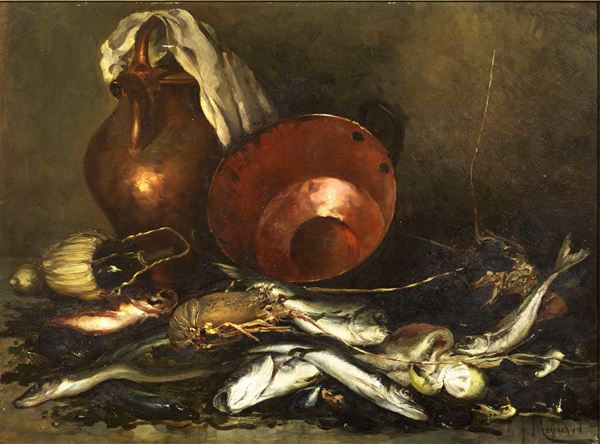 Marius Reynaud : Natura morta con pesci  - Olio su tela - Auction XIX and XX Century Paintings and Sculptures - Casa d'aste Farsettiarte