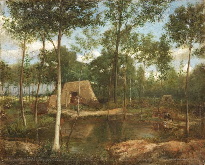 Serafino De Tivoli - Paesaggio Boschivo con Capanno e Lavandaia al Torrente