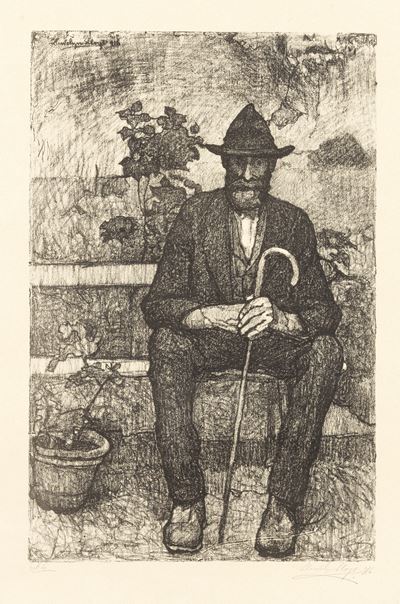 Uomo Seduto con Bastone e Cappello