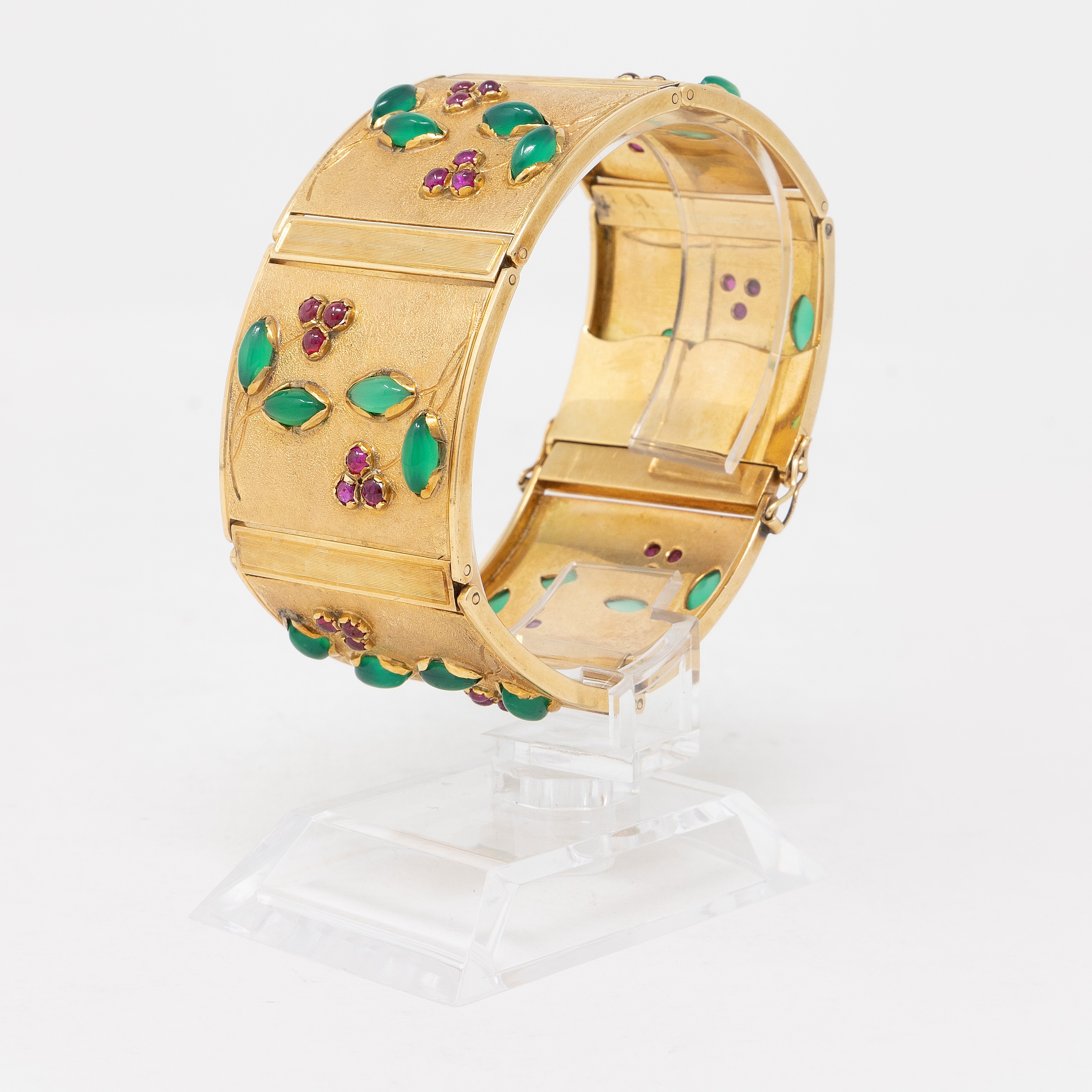 Bracciale Semirigido in Oro Giallo, Calcedoni e Rubini