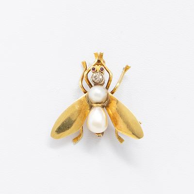 Spilla a Mosca in Oro Giallo, Perle e Diamante Brown