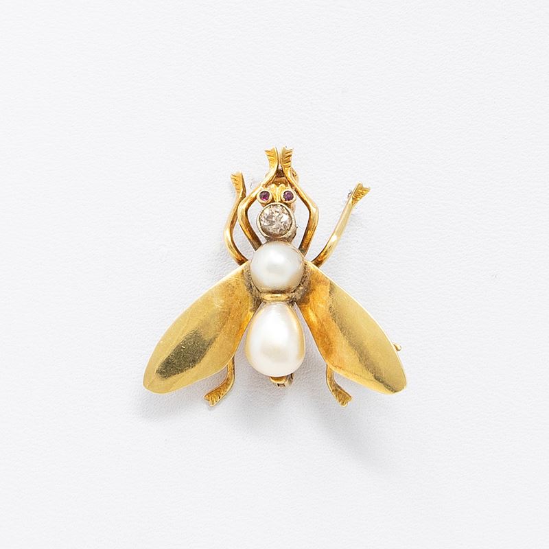 Spilla a Mosca in Oro Giallo, Perle e Diamante Brown
