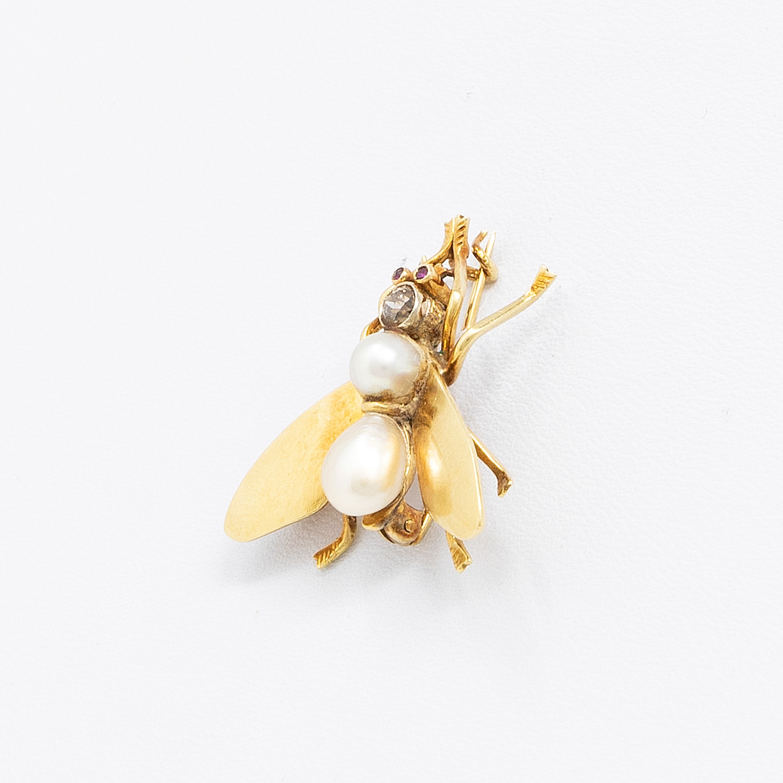 Spilla a Mosca in Oro Giallo, Perle e Diamante Brown
