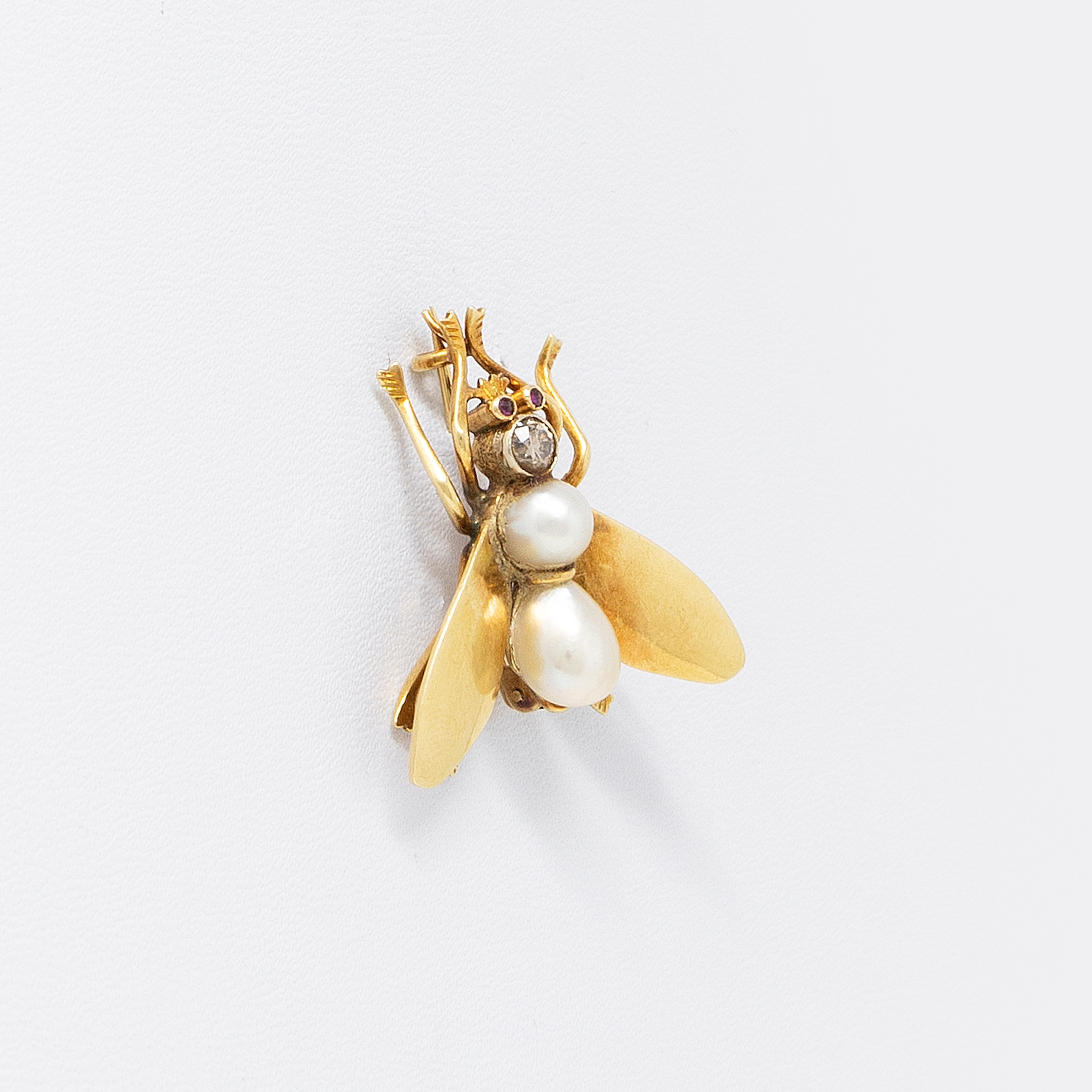 Spilla a Mosca in Oro Giallo, Perle e Diamante Brown