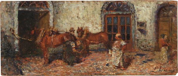 Luigi Serena : Il cambio ai Buranelli  (1882)  - Olio su cartone - Auction XIX and XX Century Paintings and Sculptures - Casa d'aste Farsettiarte