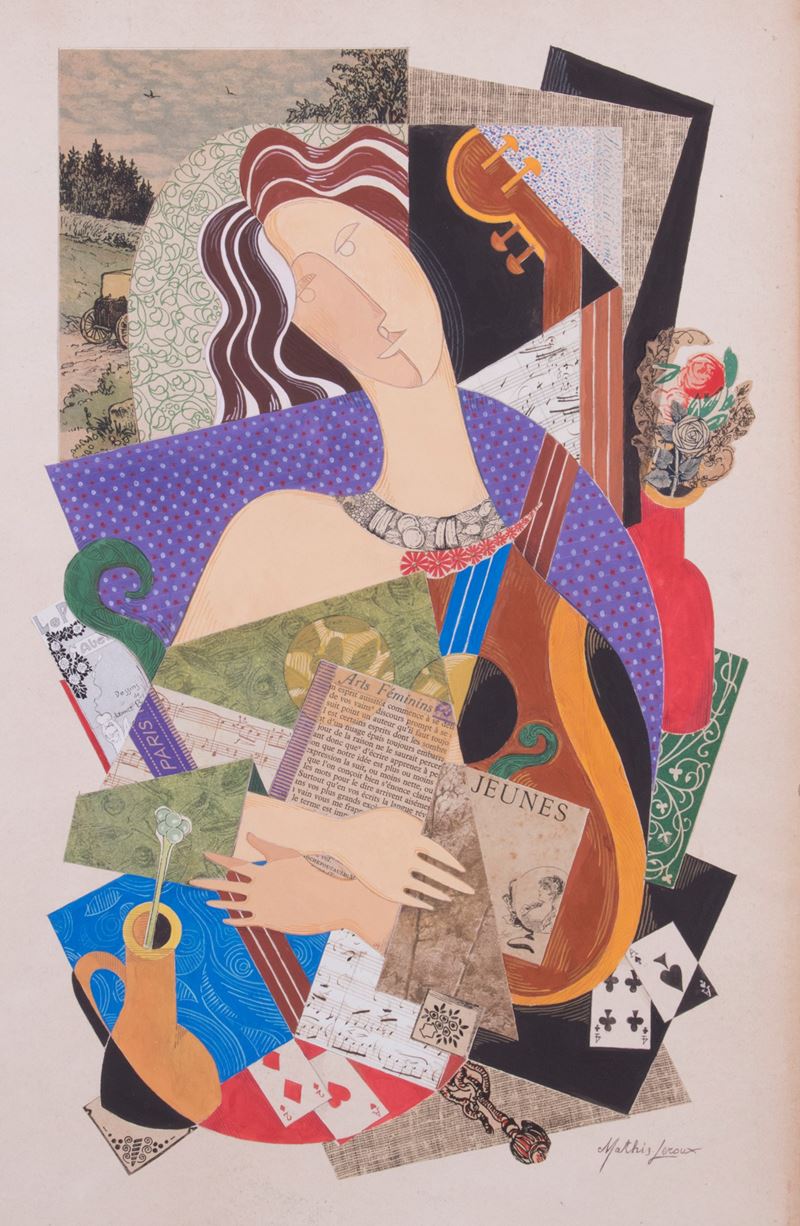 Composizione cubo futurista con figura e chitarra