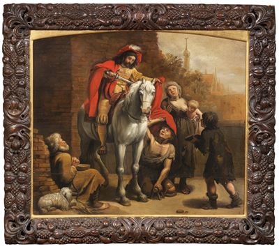 San Martino dona il mantello al povero, olio su tavola
