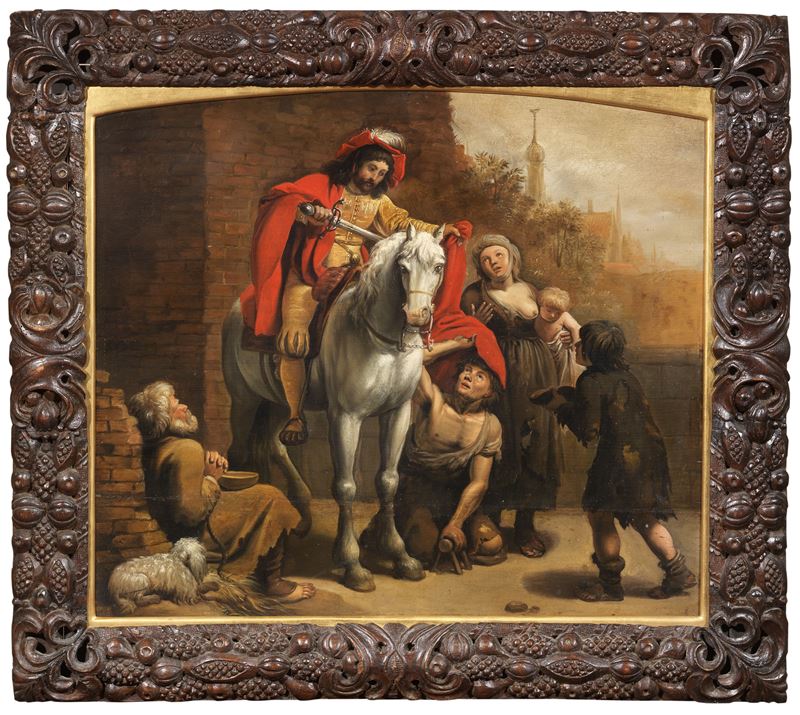Scuola Fiamminga Fine XVIII Secolo - San Martino dona il mantello al povero, olio su tavola
