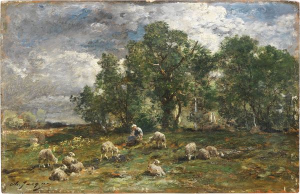 Charles-&#201;mile Jacque : Pastorella con gregge  - Olio su tavoletta - Auction XIX and XX Century Paintings and Sculptures - Casa d'aste Farsettiarte