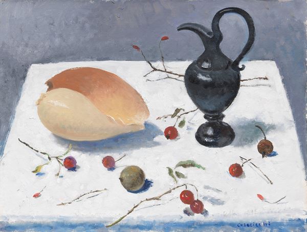 Giovanni Colacicchi - Natura morta con vaso, conchiglia e ciliegie