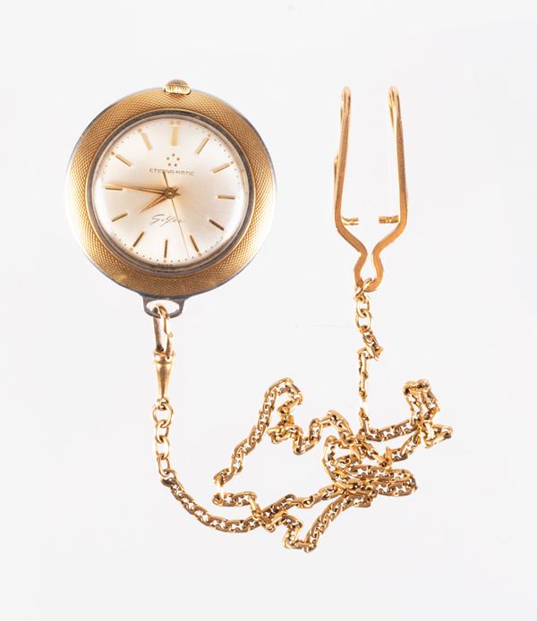 Eterna Matic orologio da tasca in acciaio con catena in oro giallo