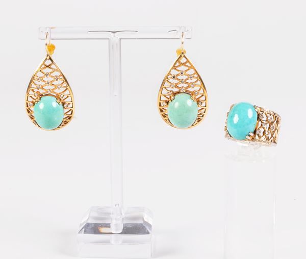 Anello e orecchini in oro giallo con turchesi e piccoli diamanti  - Auction Jewels and Watches - Casa d'aste Farsettiarte